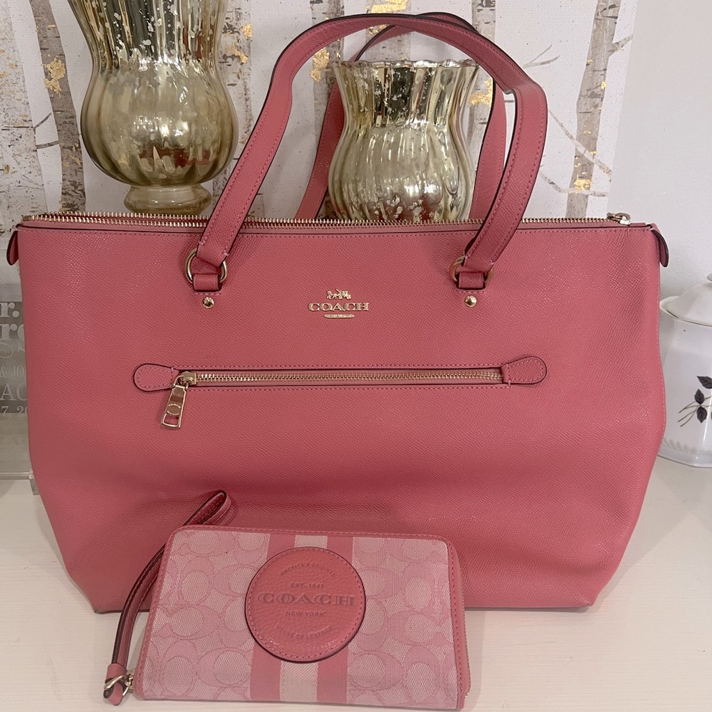 Coach pink leather tote and wallet